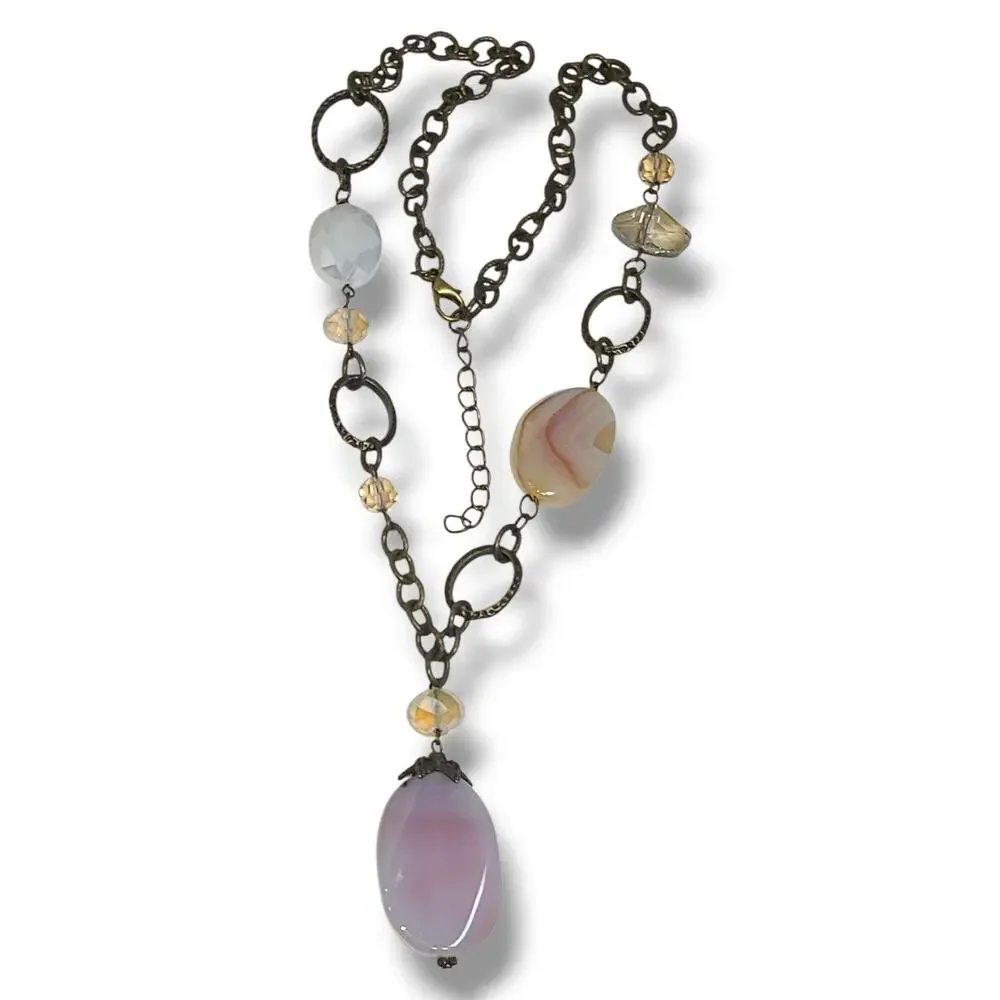 Rose Quartz & Crystal Y-drop Necklace Antique Gold Tone 22